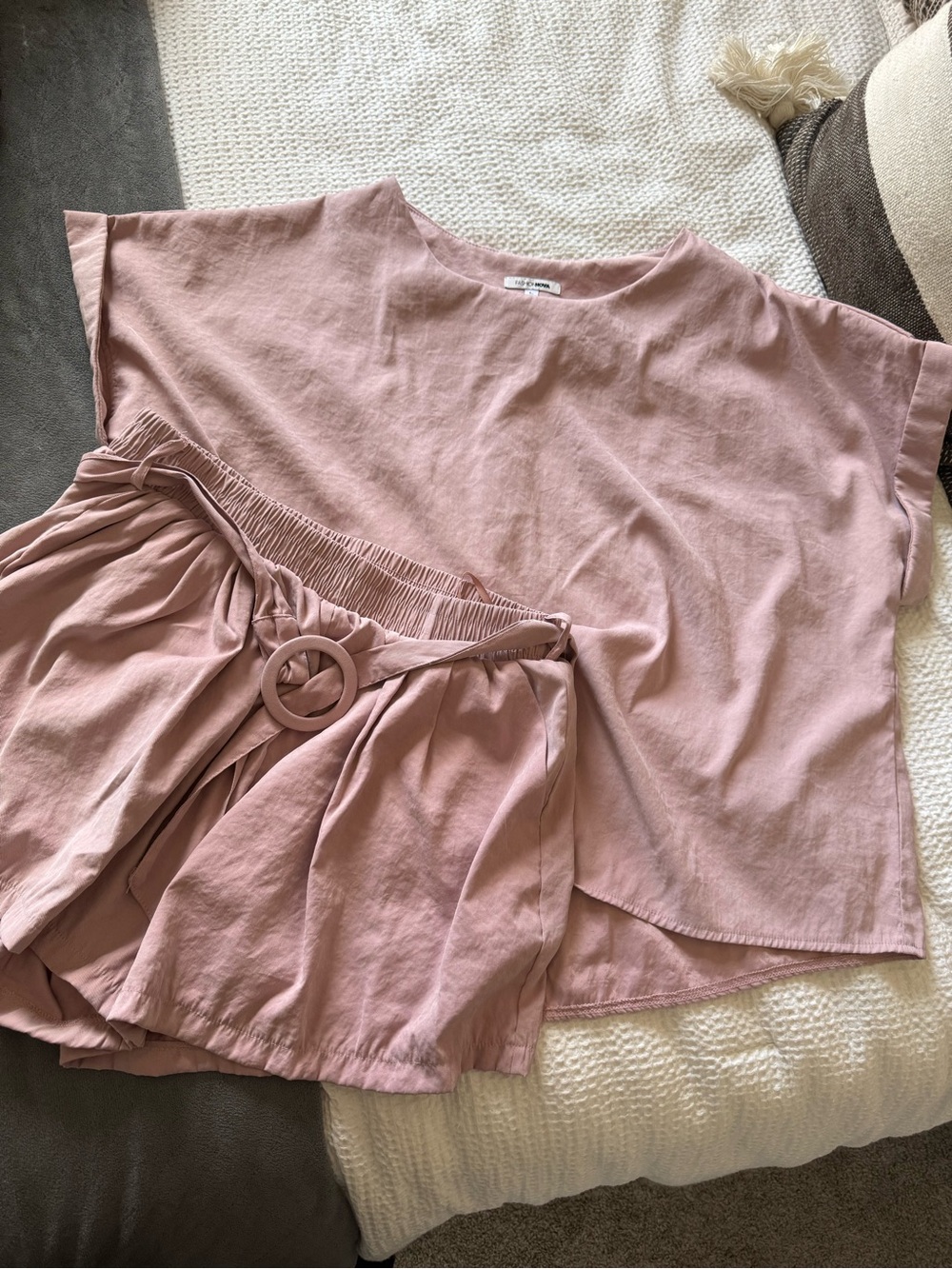 Fashion Nova Mauve Short Sleeve Top & Ring-Belt Shorts Set